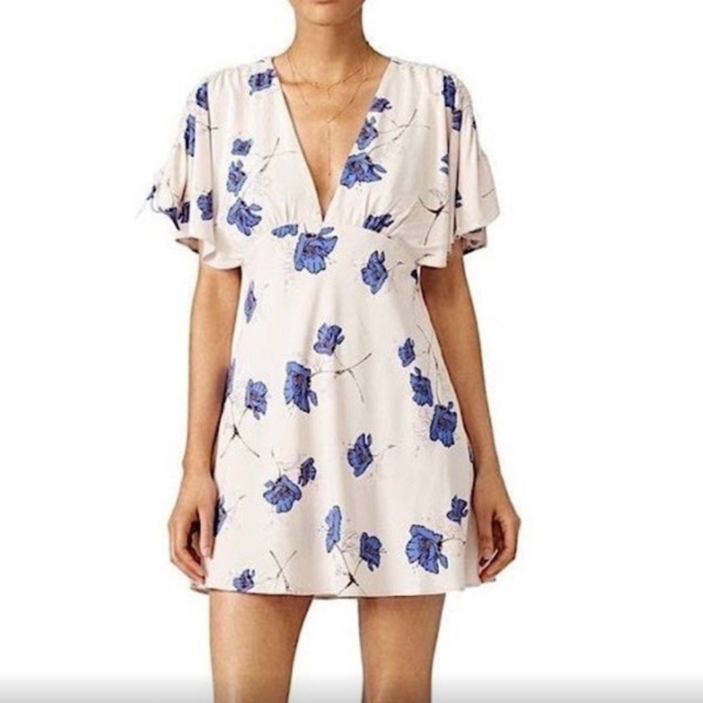 Free People Floral Drapey Melanie Dress in Pearl Combo Light Beige Blue Size 2